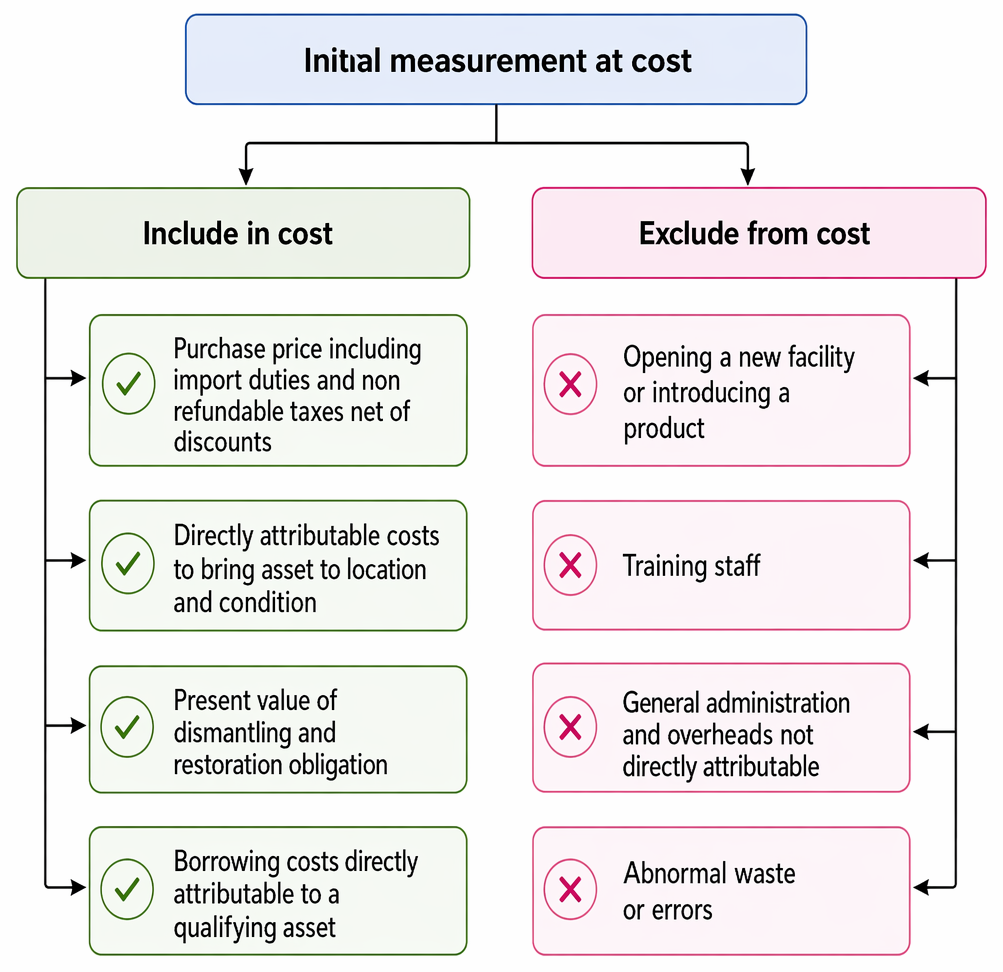 IAS 16 initial measurement of property, plant and equipment at cost, separating capitalised expenditures from excluded items.