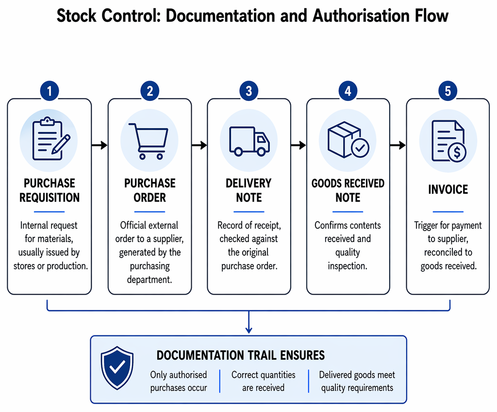 Inventory control calculations linking usage, lead time, and order quantity to reorder, minimum, maximum, and buffer stock levels.