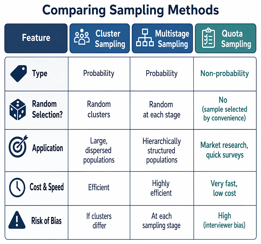 Cluster sampling workflow from identifying natural groups through random cluster selection, one-stage or two-stage unit selection, and aggregation with possible sampling error.