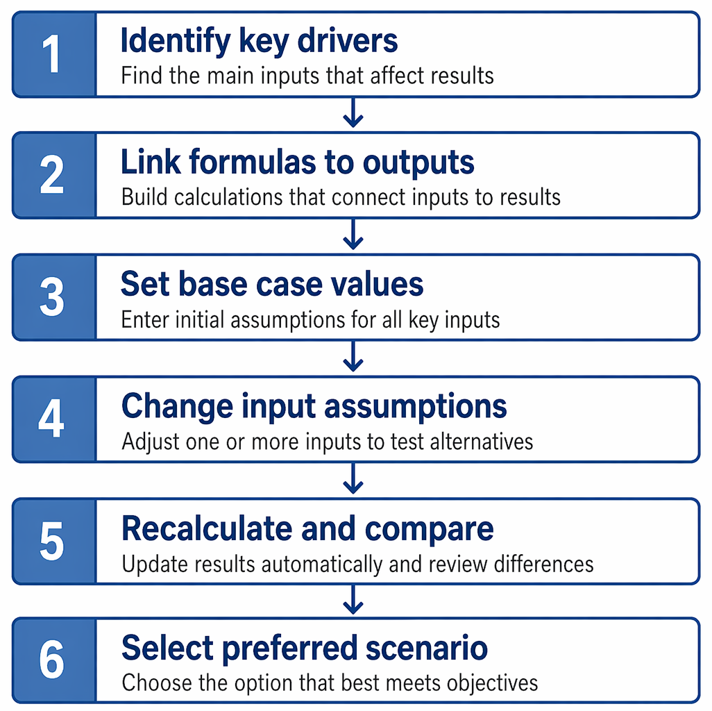 Spreadsheet what-if analysis from identifying key drivers and base-case values to recalculating outcomes and selecting a preferred scenario.