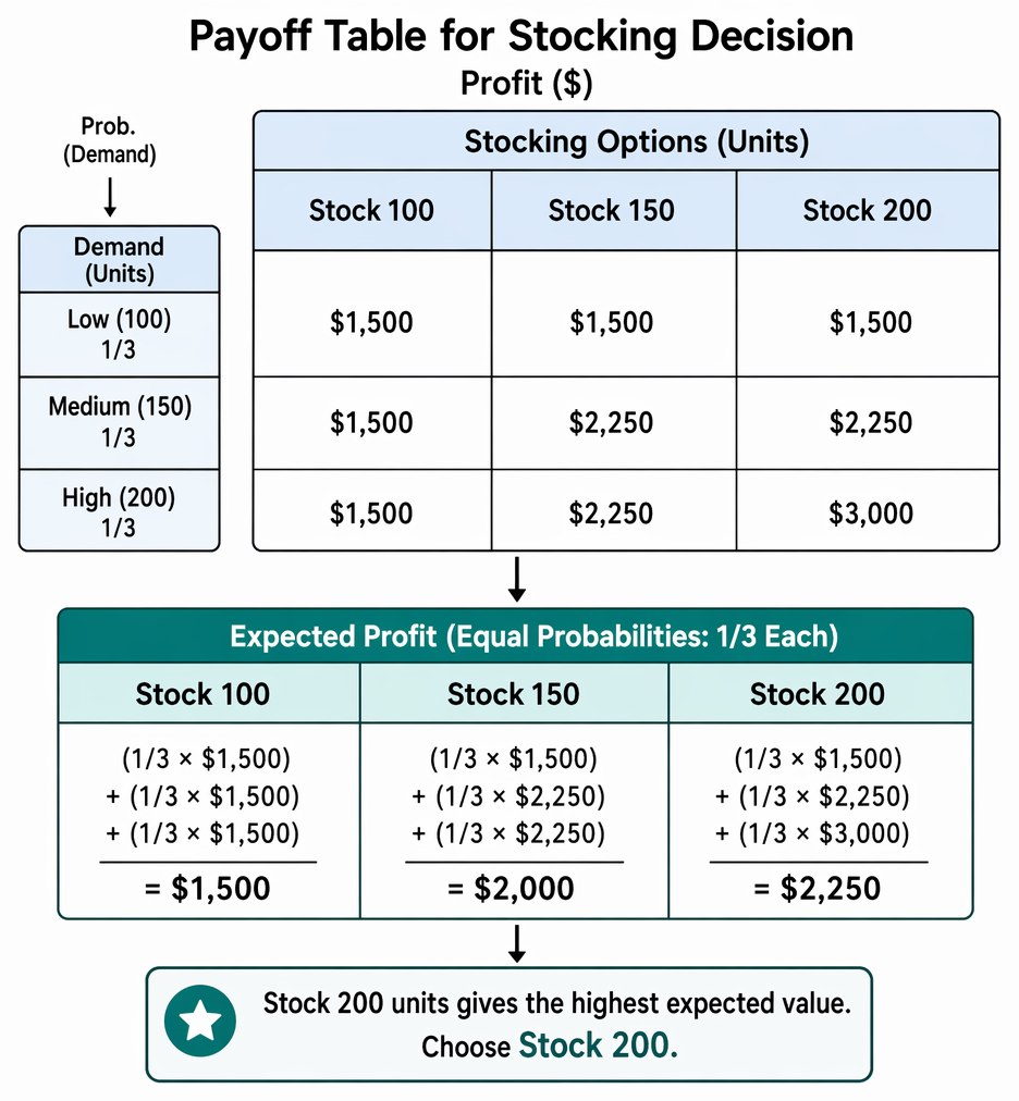 Payoff table analysis from identifying actions and states of nature to expected value, regret criteria, sensitivity review, and final recommendation.