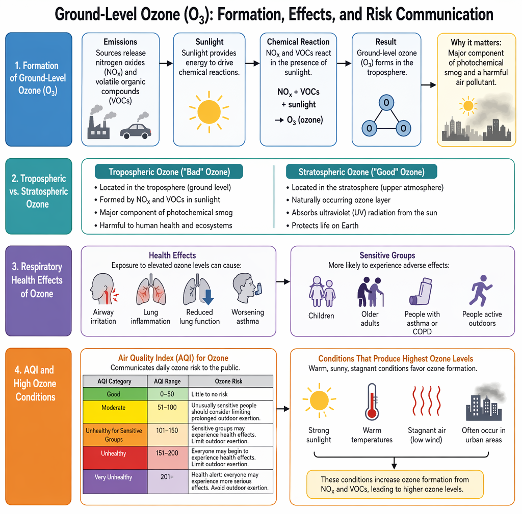 Ground-level ozone formation from nitrogen oxides and volatile organic compounds in sunlight, with respiratory effects including airway inflammation, reduced lung function, and asthma exacerbation.