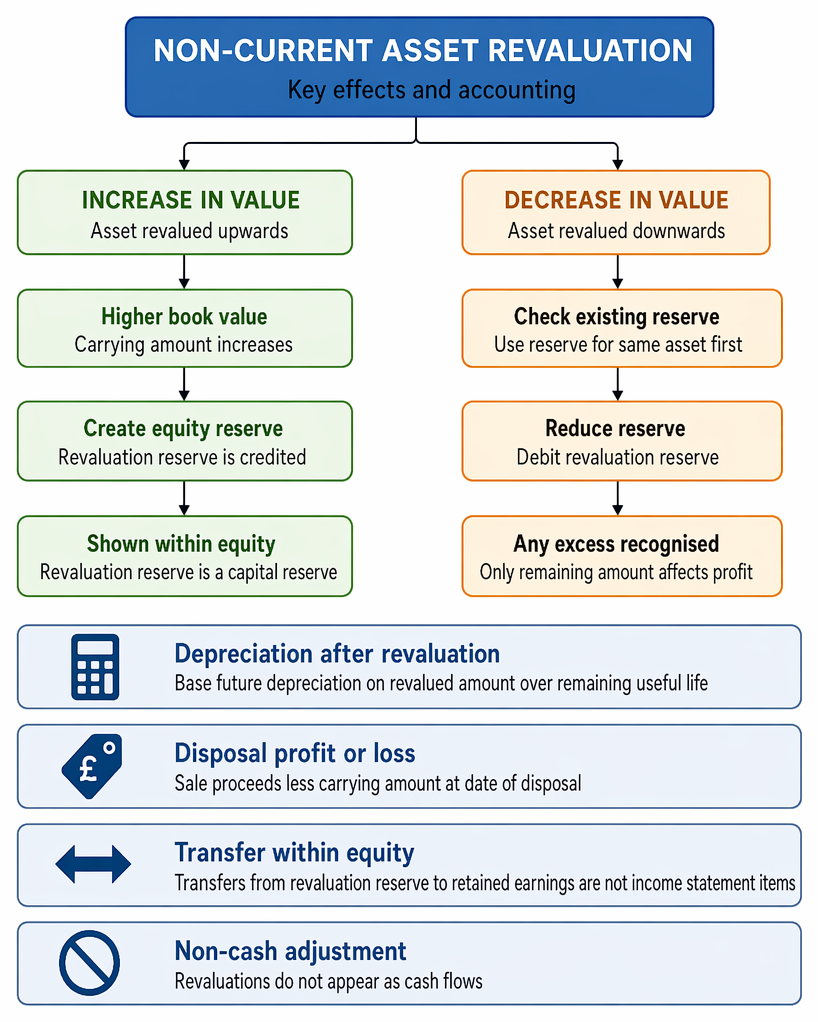 Non-current asset revaluation treatment for upward surpluses, downward deficits, and the same asset principle within equity and profit or loss.