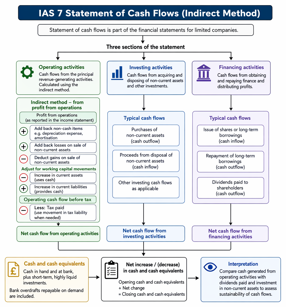 IAS 7 statement of cash flows sections and indirect-method adjustments from profit from operations to net cash from operating activities.