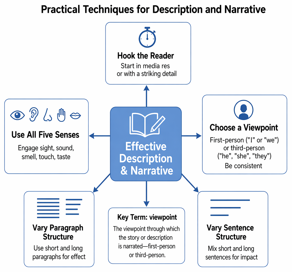 Setting, character, and atmosphere linked to sensory language, action-based characterisation, and sentence variety in descriptive and narrative writing.