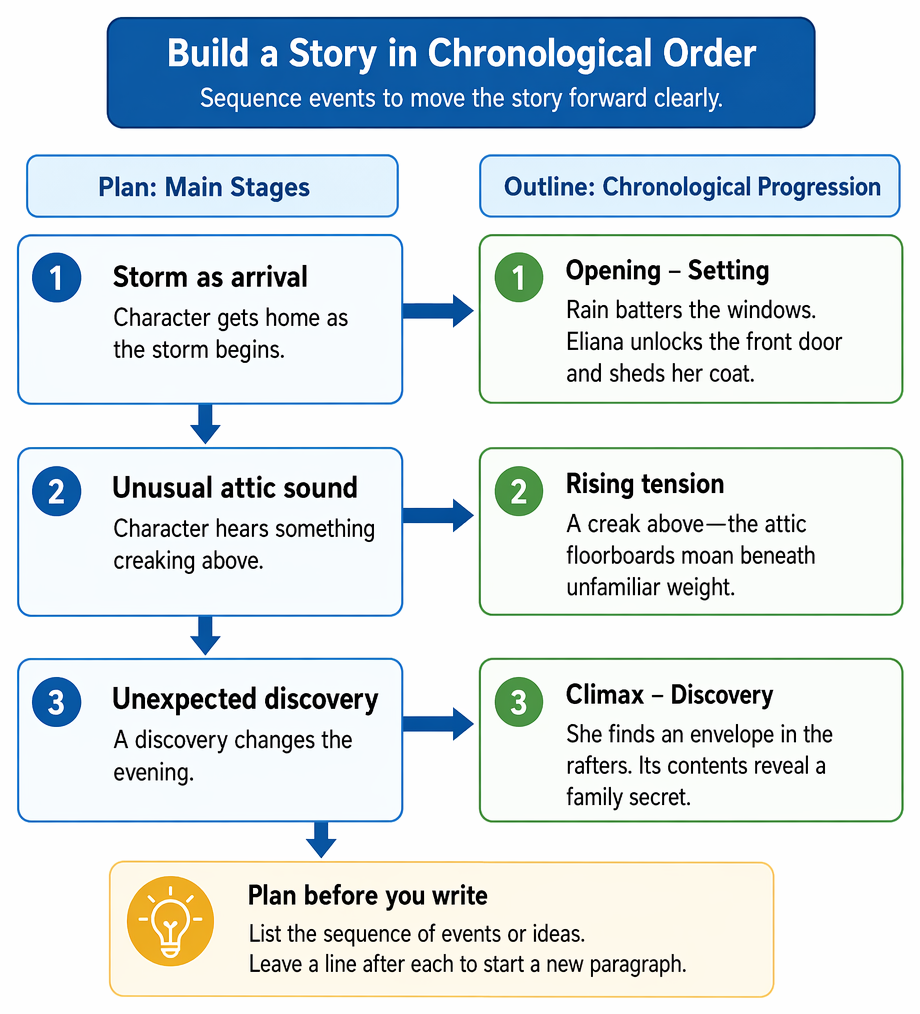 Narrative and descriptive text structure: opening, development, ending, paragraphing, topic sentences, and linking devices for coherence.