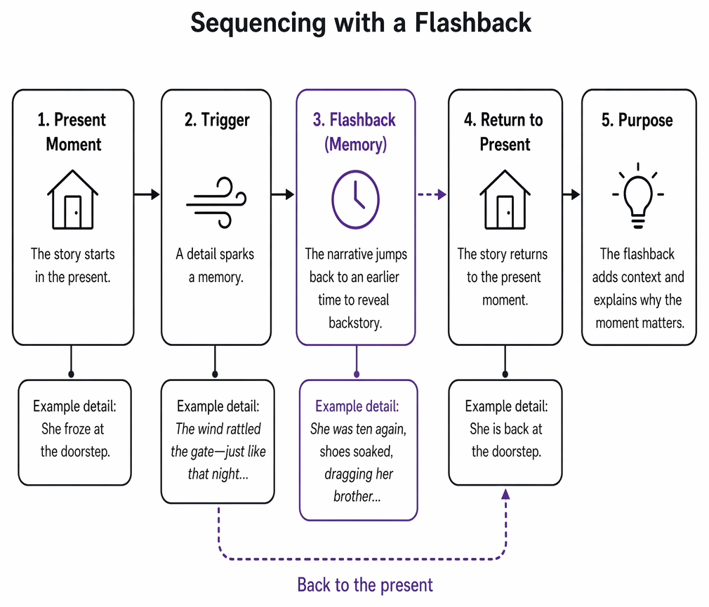 Fictional narrative structure: pacing, sequencing, paragraph organisation, flashback, and motif as methods shaping narrative flow and shifts in focus.