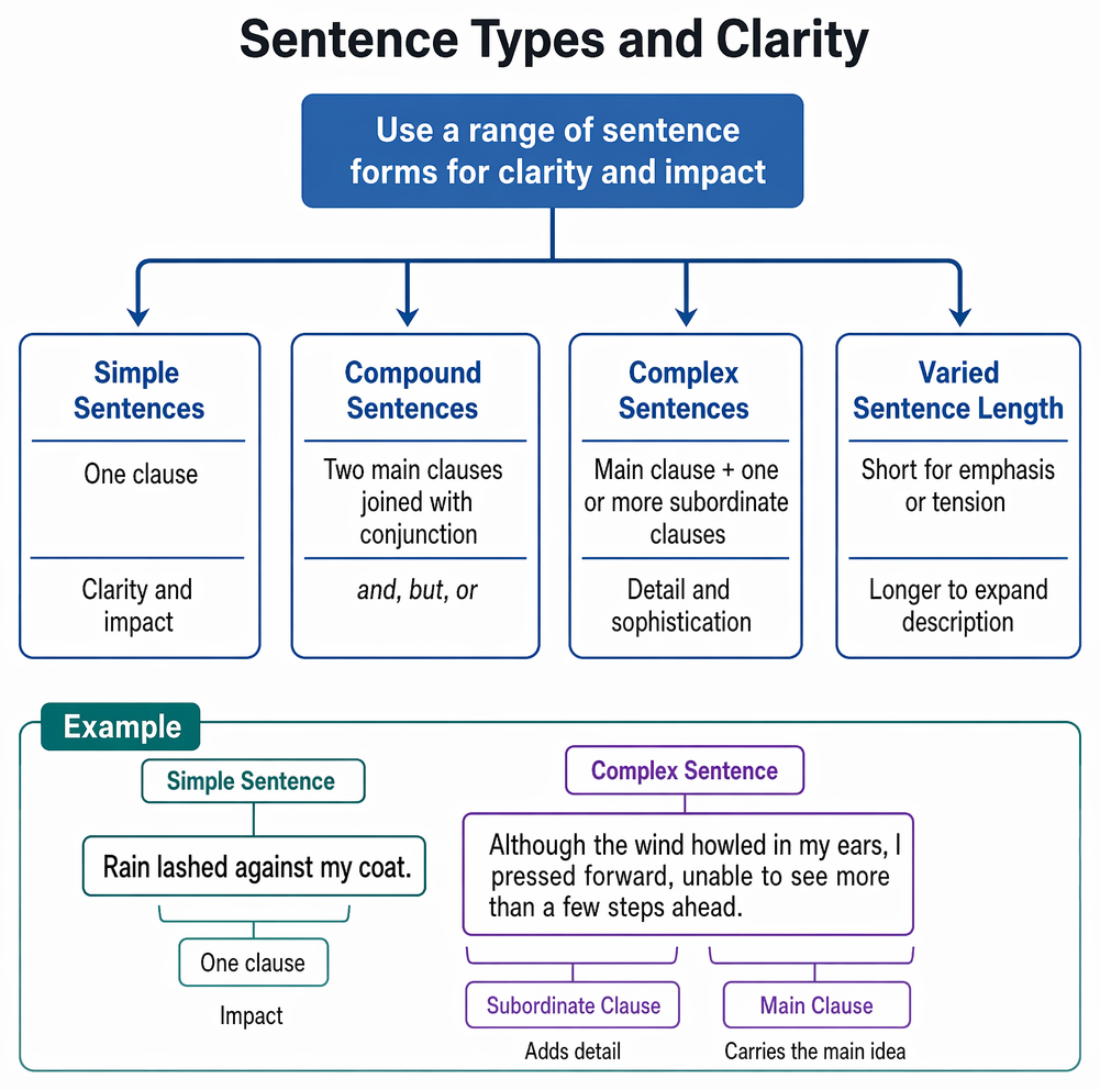 Sentence forms, punctuation, spelling, and Standard English conventions used to improve technical accuracy in creative writing.