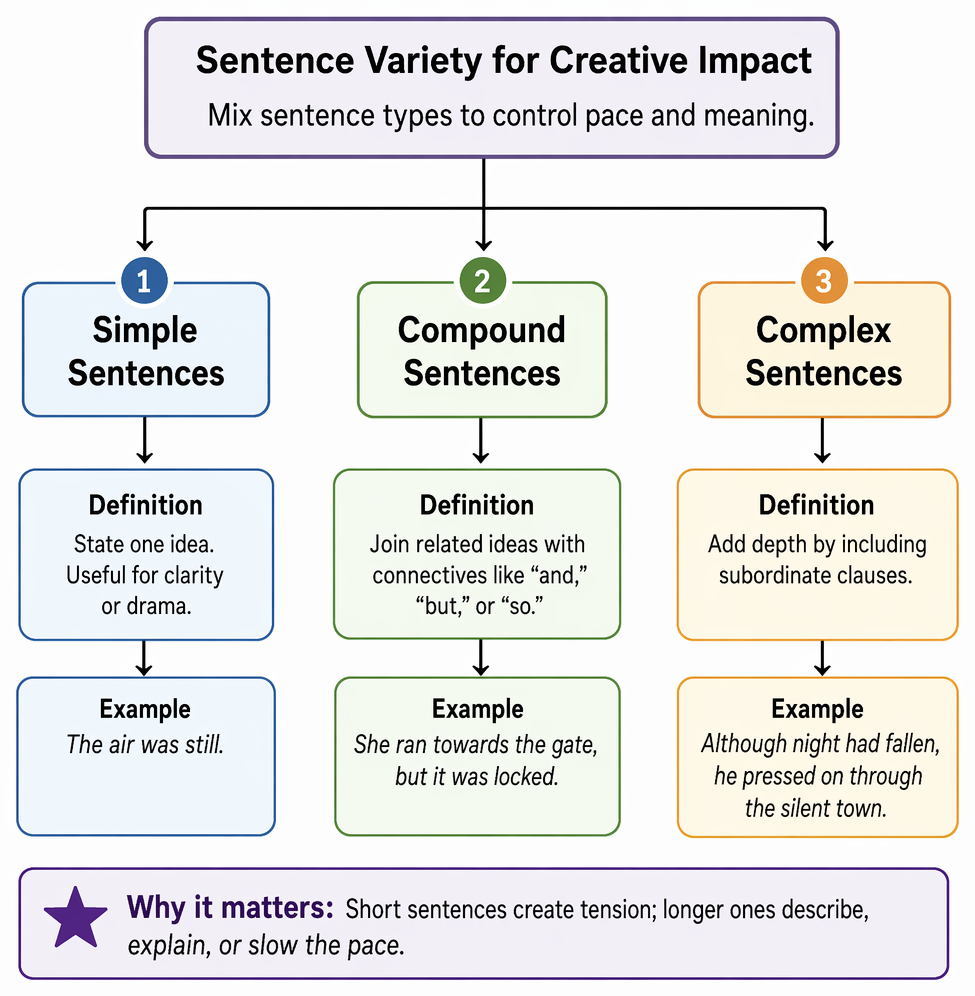 Simple, compound, and complex sentences, paragraph organisation, and proofreading checks for spelling, punctuation, grammar, and coherence in creative writing.