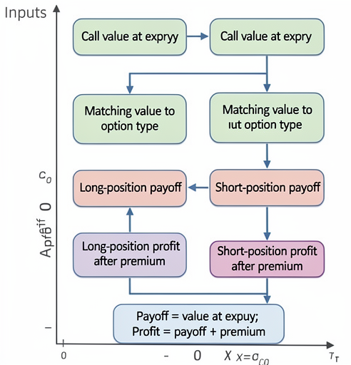 Option payoff and profit calculations at expiry for long and short calls and puts using strike, premium, and terminal asset price.