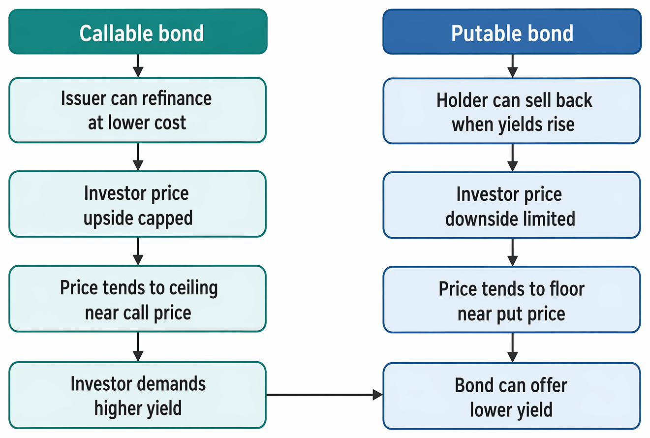 Callable and putable bond provisions, showing effects on refinancing incentives, investor price limits, and required yield.