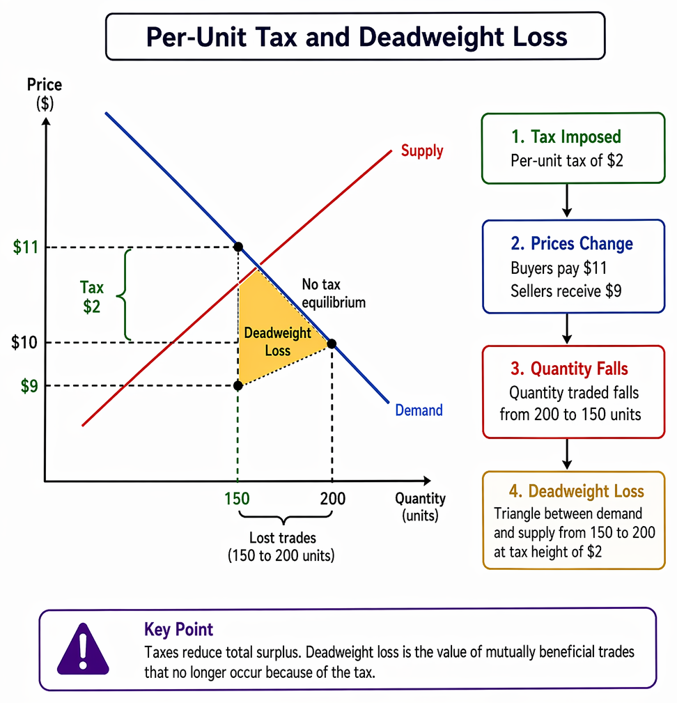 Consumer surplus, producer surplus, and total surplus from supply and demand curves at competitive equilibrium, with geometric area calculation.