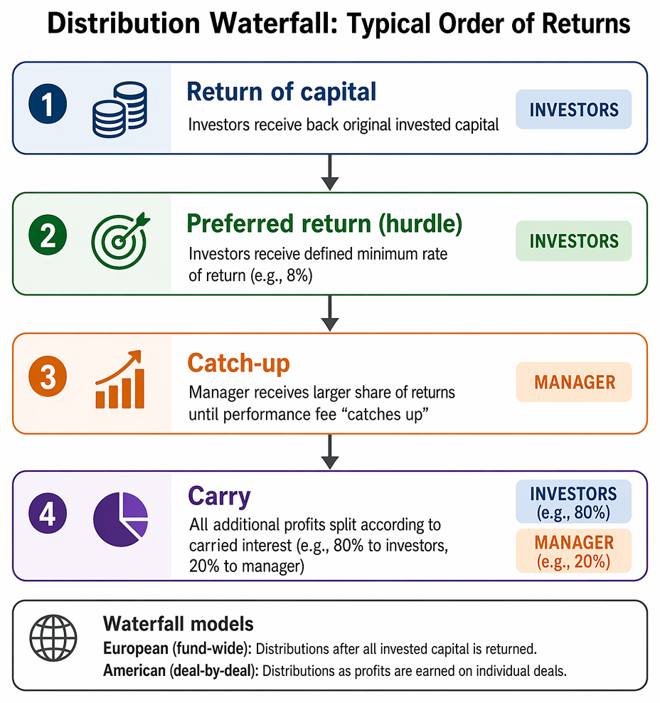 Private equity distribution waterfall comparing European fund-as-a-whole and American deal-by-deal structures through return of capital, preferred return, catch-up, and carried interest.