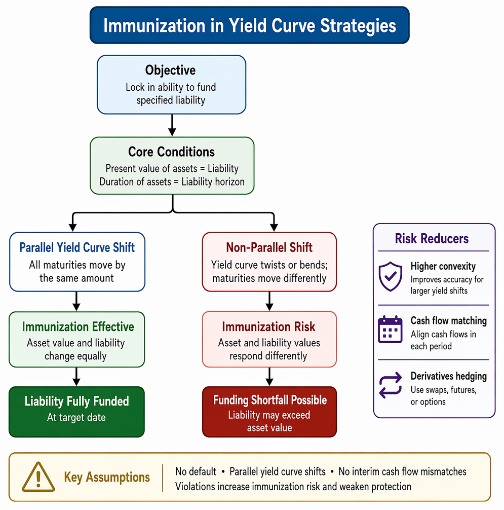 Single-liability immunization process linking liability horizon, present value matching, duration matching, credit assessment, yield curve assumptions, and portfolio rebalancing.