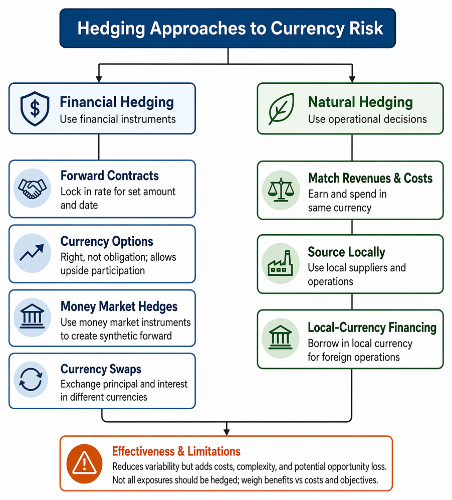 Currency risk measurement across transaction, translation, and economic exposure, including forward-rate revaluation, net asset translation, and profitability sensitivity forecasting.