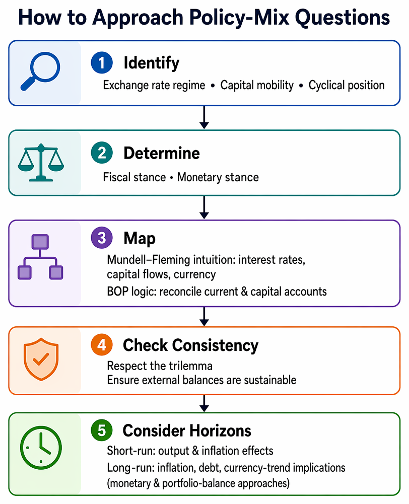 Fiscal and monetary policy combinations linking loose and tight stances to demand, output, inflation, crowding out, and external balance effects.