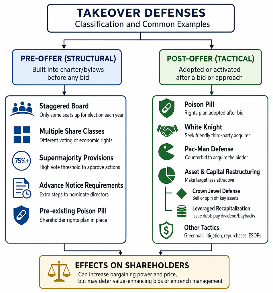 Takeover defense evaluation sequence: classification, competitive impact, stakeholder effects, leverage and risk, and fiduciary-duty consistency.