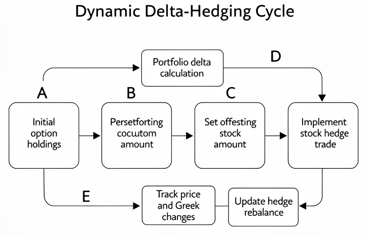 Delta hedging process for option positions: calculate net delta, take offsetting stock position, then monitor and rebalance as Greeks change.