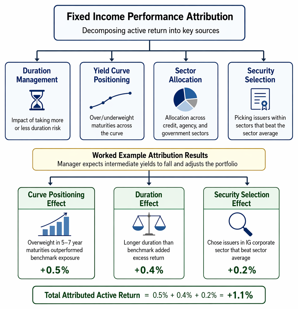 Fixed-income active return decomposition into duration management, yield curve positioning, sector allocation, and security selection effects.
