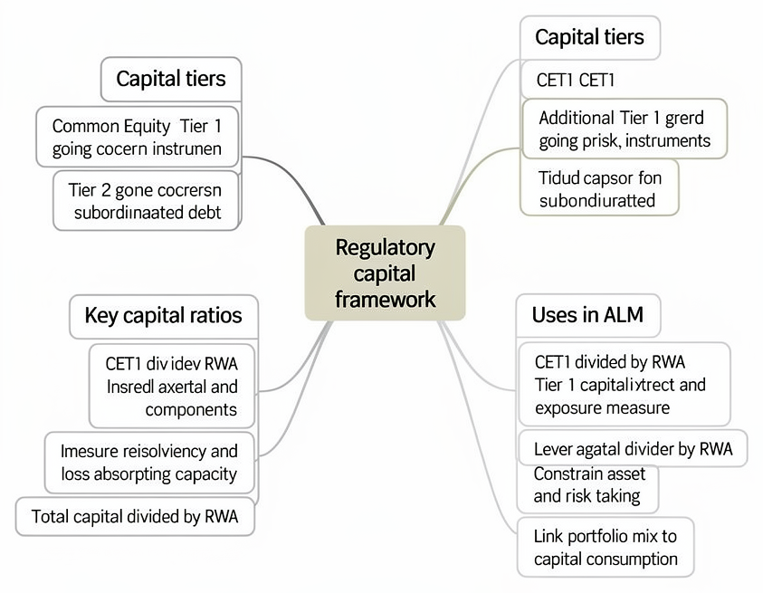 Regulatory capital framework linking capital tiers, risk-weighted assets, leverage, and key solvency ratios to asset-liability management constraints.