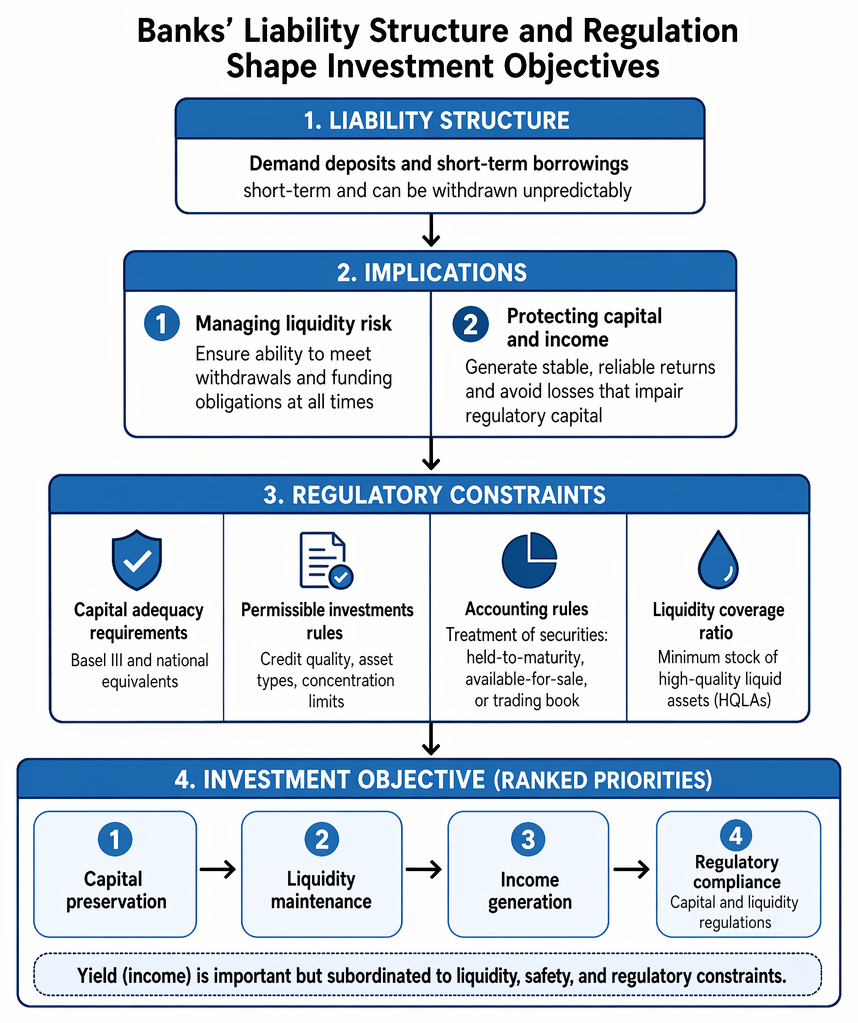 Bank portfolio design links regulatory and accounting constraints, capital adequacy, liquidity coverage, permissible-asset limits, and reported-earnings volatility to high-quality liquid assets and conservative duration.