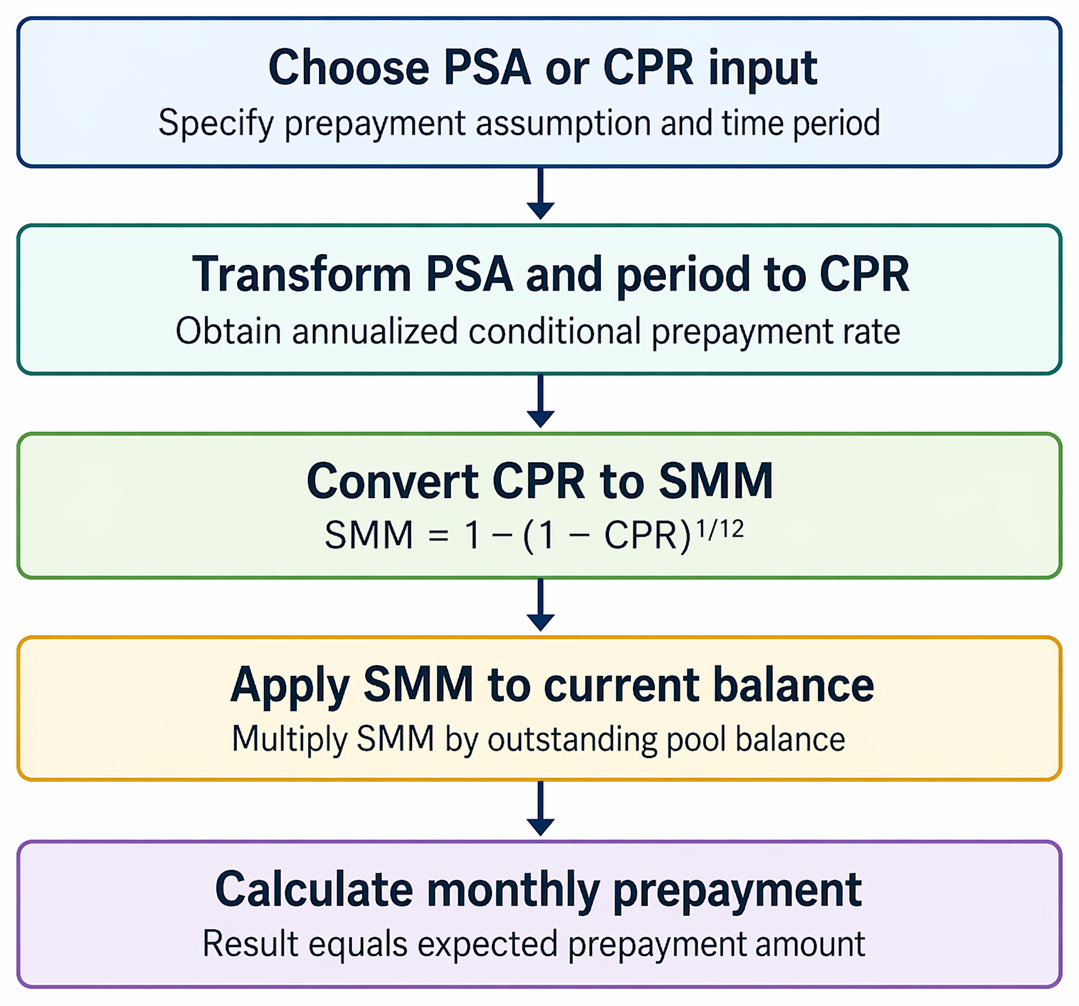 MBS prepayment calculation from PSA or CPR assumptions through SMM conversion, pool balance application, and monthly prepayment estimation.