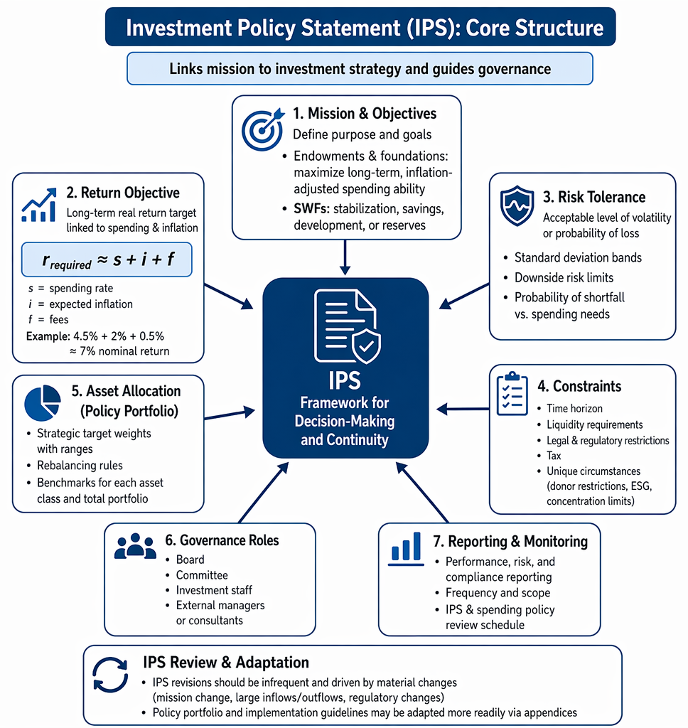 Institutional risk tolerance assessment for endowments, foundations, and sovereign wealth funds using mission, spending needs, balance sheet flexibility, and constraints.