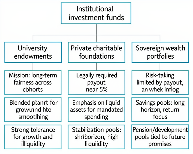 Institutional investor categories comparing endowments, private foundations, and sovereign wealth funds by mission, spending rules, liquidity needs, and horizon-linked risk capacity.