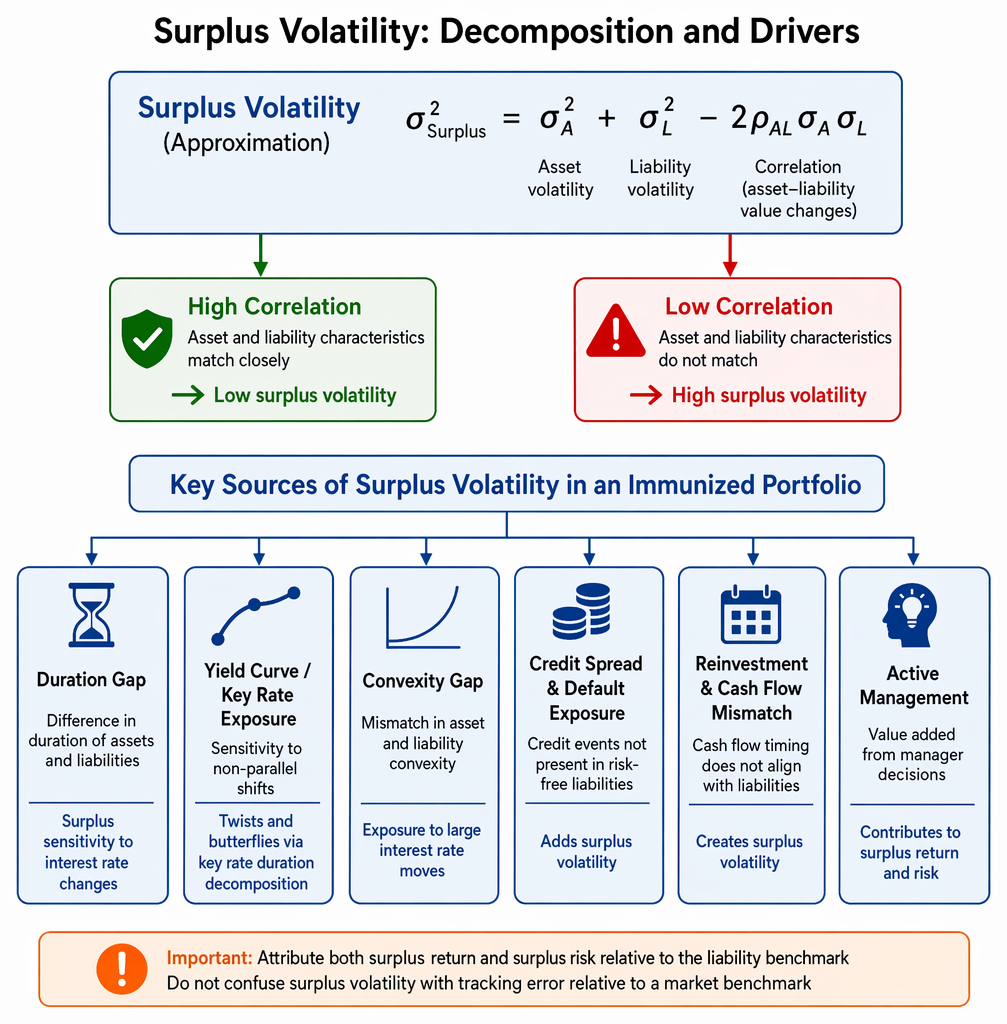 Asset and liability present values feeding surplus, surplus volatility, and the immunization objective of maintaining stability relative to liabilities.