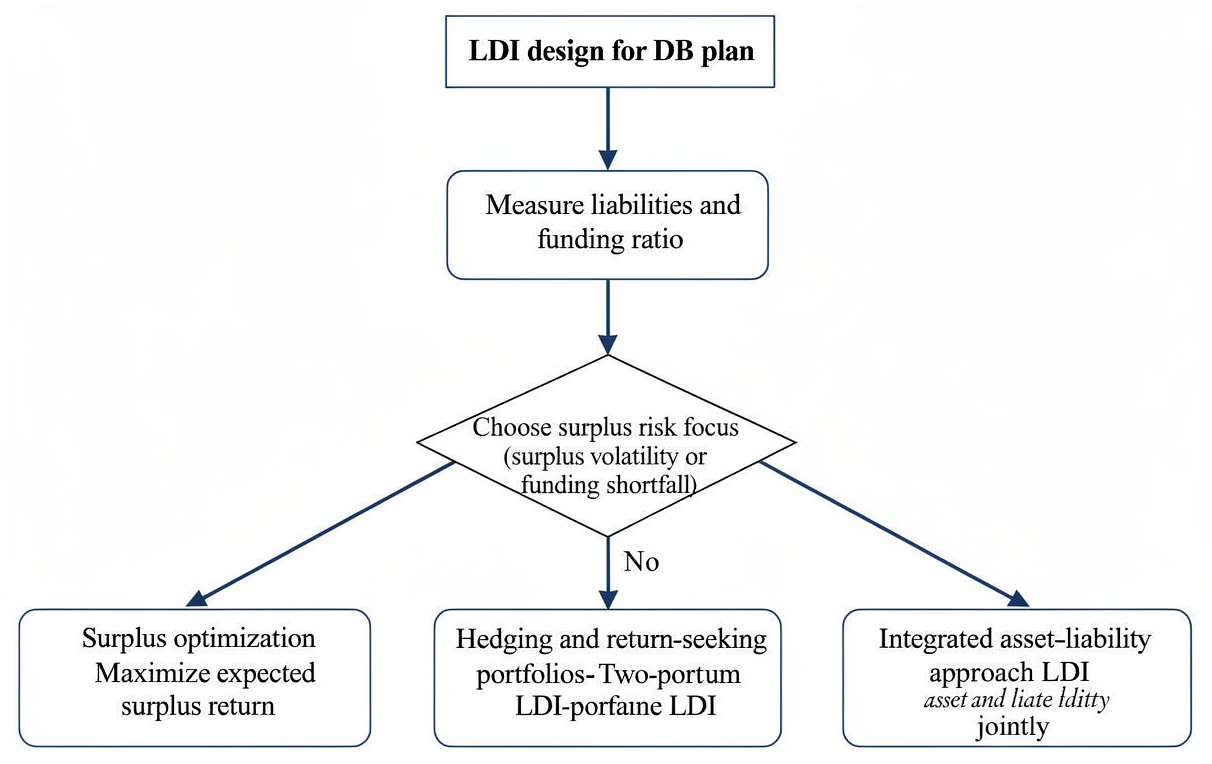 Liability-driven investing design for a defined benefit pension plan from liability measurement to surplus optimization, hedging-return-seeking portfolios, and integrated asset-liability management.