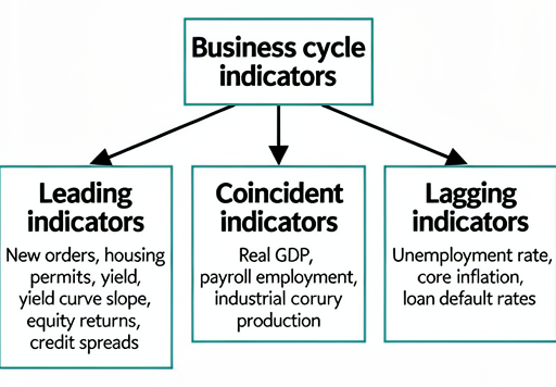 Cyclical indicators classified as leading, coincident, and lagging series, with examples including new orders, real GDP, unemployment, core inflation, and default rates.
