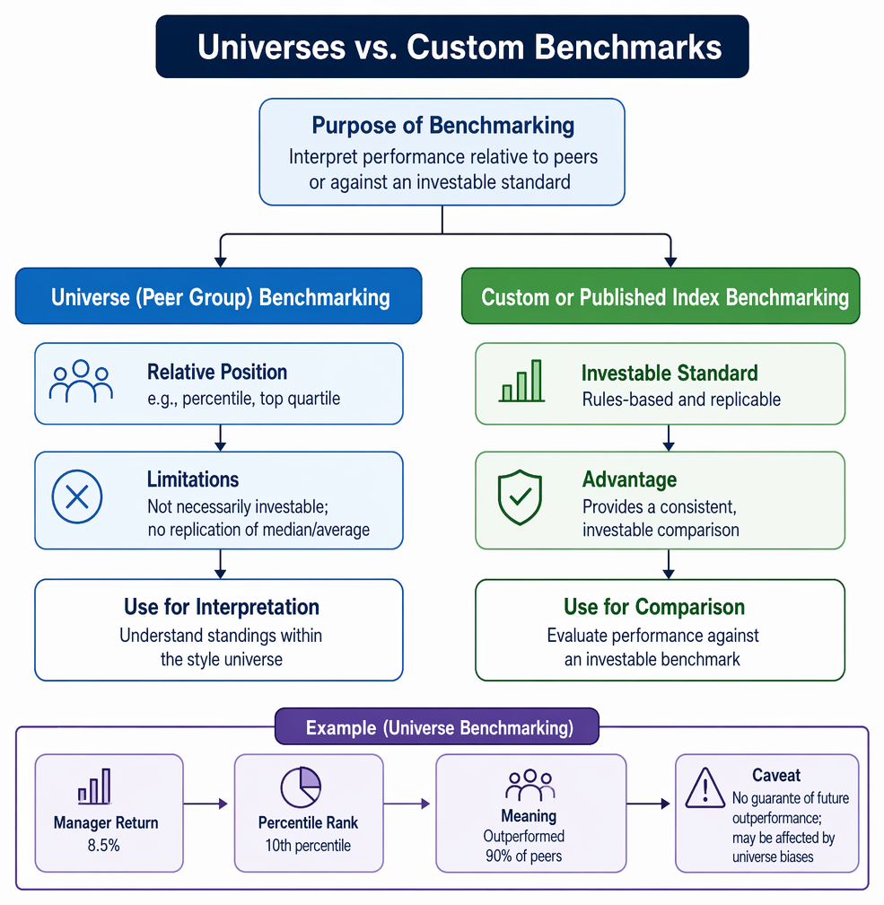 Peer-group benchmarking workflow from mandate specification through data-source choice, comparability screening, temporal consistency review, and survivorship and backfill bias control.