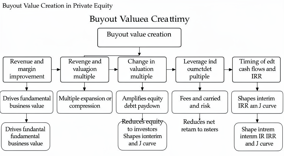 Buyout value creation drivers, including operating improvement, multiple change, leverage, fees, and cash-flow timing, with links to equity returns, risk, and IRR.