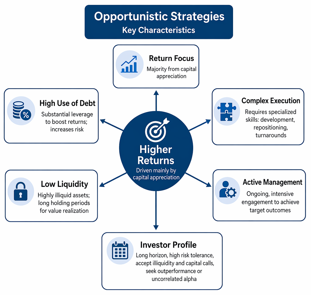 Core and opportunistic real estate and infrastructure strategies across risk, income yield, leverage, and liquidity dimensions.
