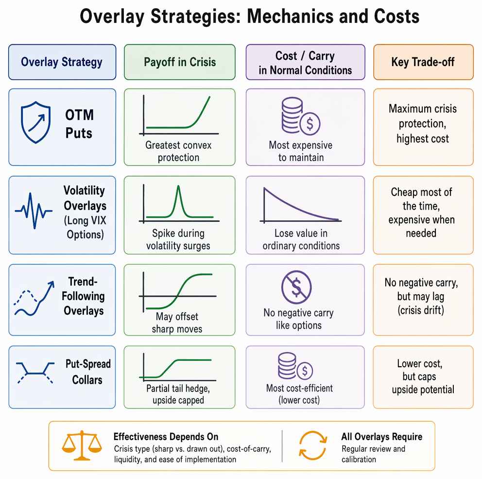 Tail-risk hedging with an OTM put overlay, showing premium drag in calm markets and partial loss offset during sharp drawdowns.