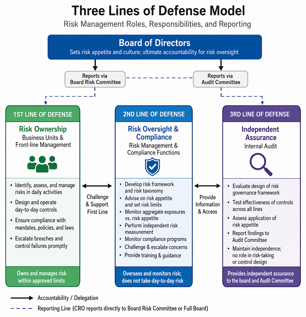 Three lines of defense in risk management: first-line ownership, second-line oversight, and third-line internal audit assurance roles.