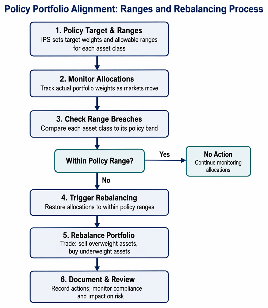 Investment policy statement linkage to policy portfolio construction, from required return and risk tolerance through optimisation, consistency review, and documented policy weights.