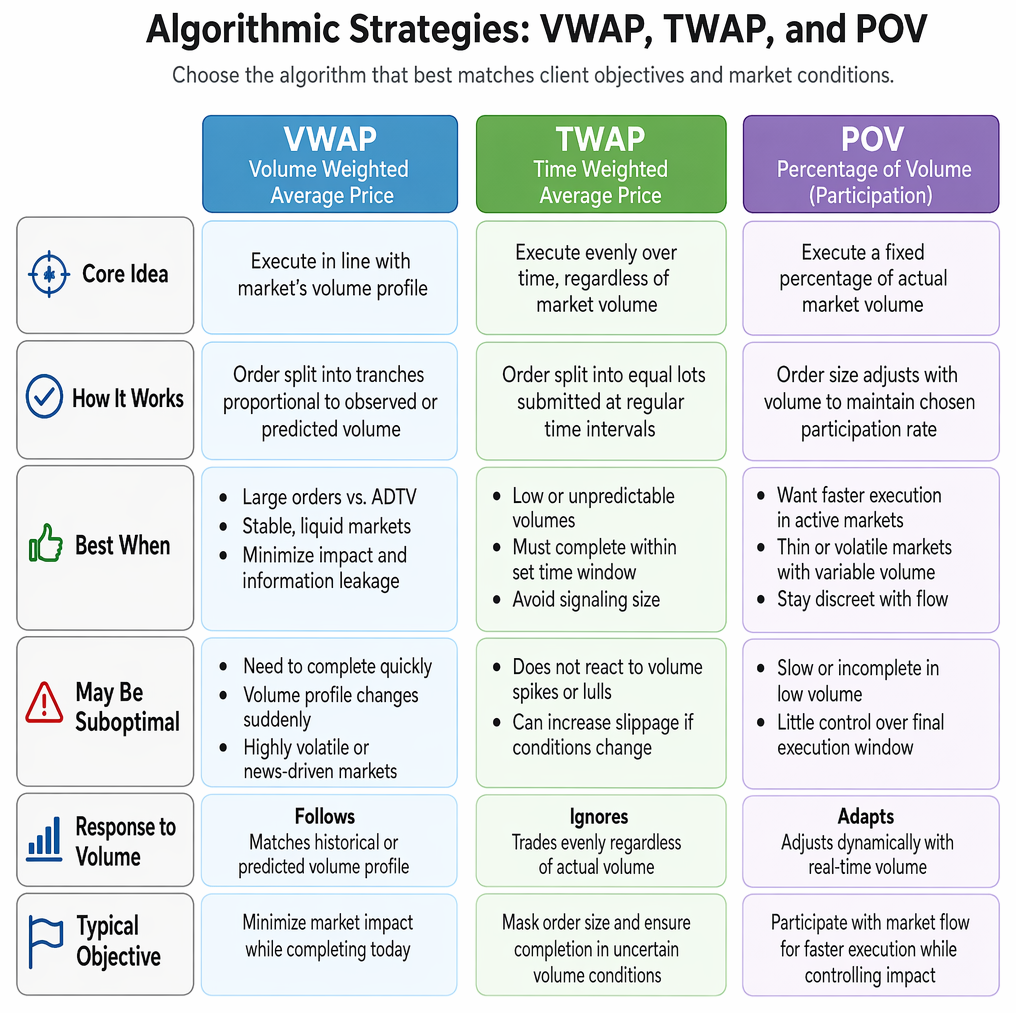 Order characteristics linking urgency, liquidity, and volume predictability to execution choices among POV, high-urgency VWAP, classic VWAP, and TWAP.