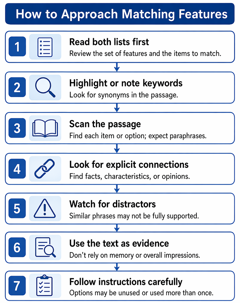 Matching sentence endings procedure from reading stems and endings to locating passage context, testing grammatical and logical fit, eliminating options, and reviewing answers.