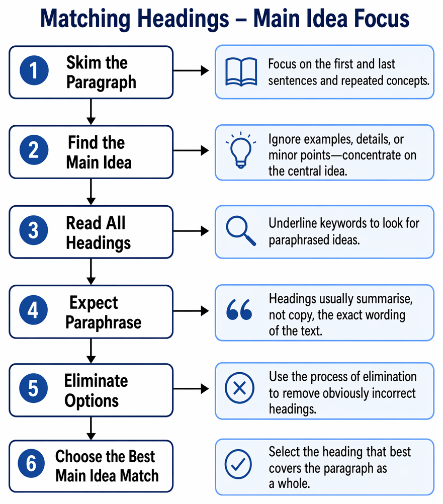 Heading-selection process for paragraph main ideas, including skimming boundary sentences, identifying repeated concepts, eliminating detail-only options, and verifying whole-paragraph fit.