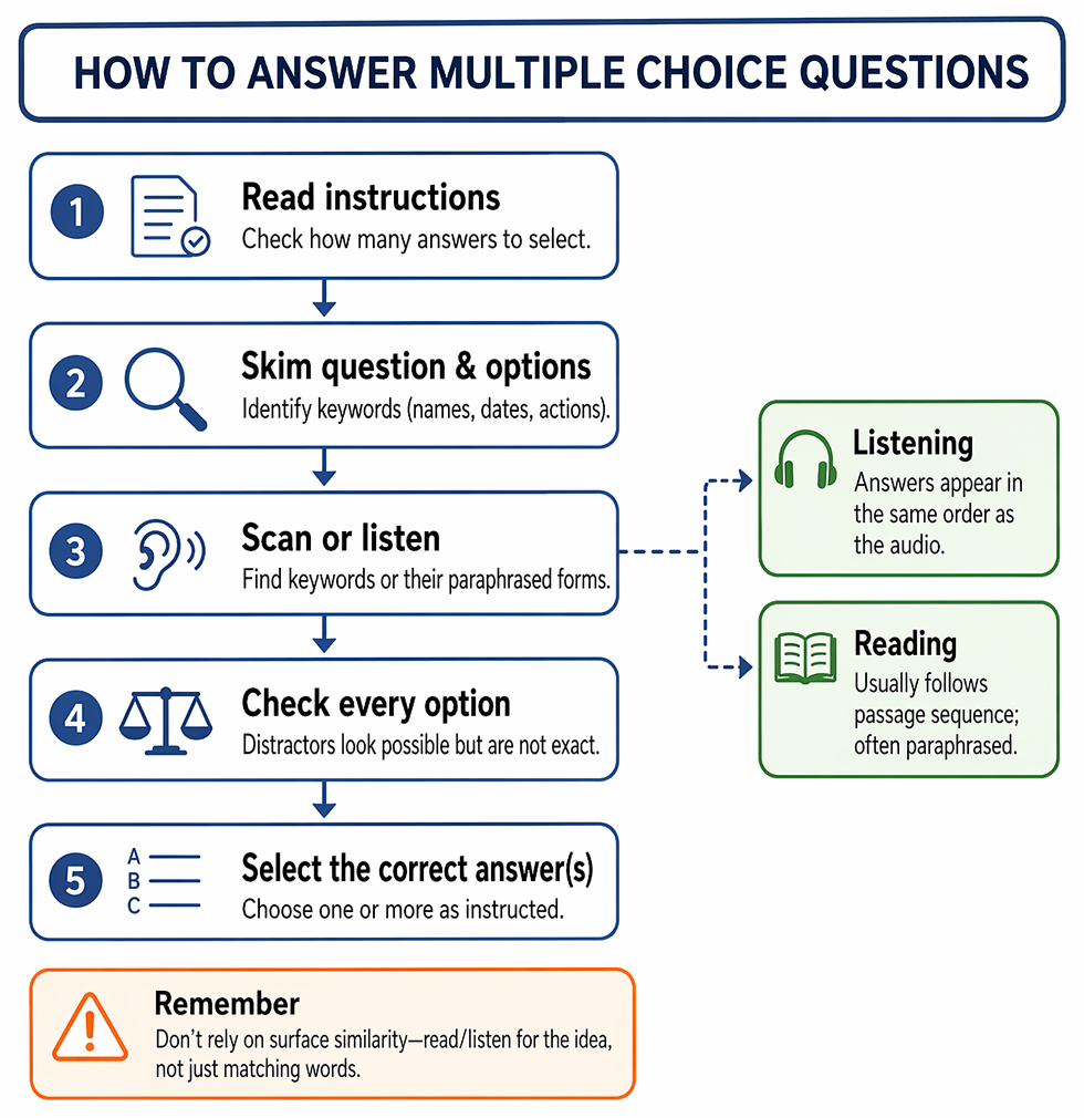 Multiple-choice option evaluation steps: identify stated or implied support, eliminate extreme or misleading paraphrases, then compare remaining options and required answer count.