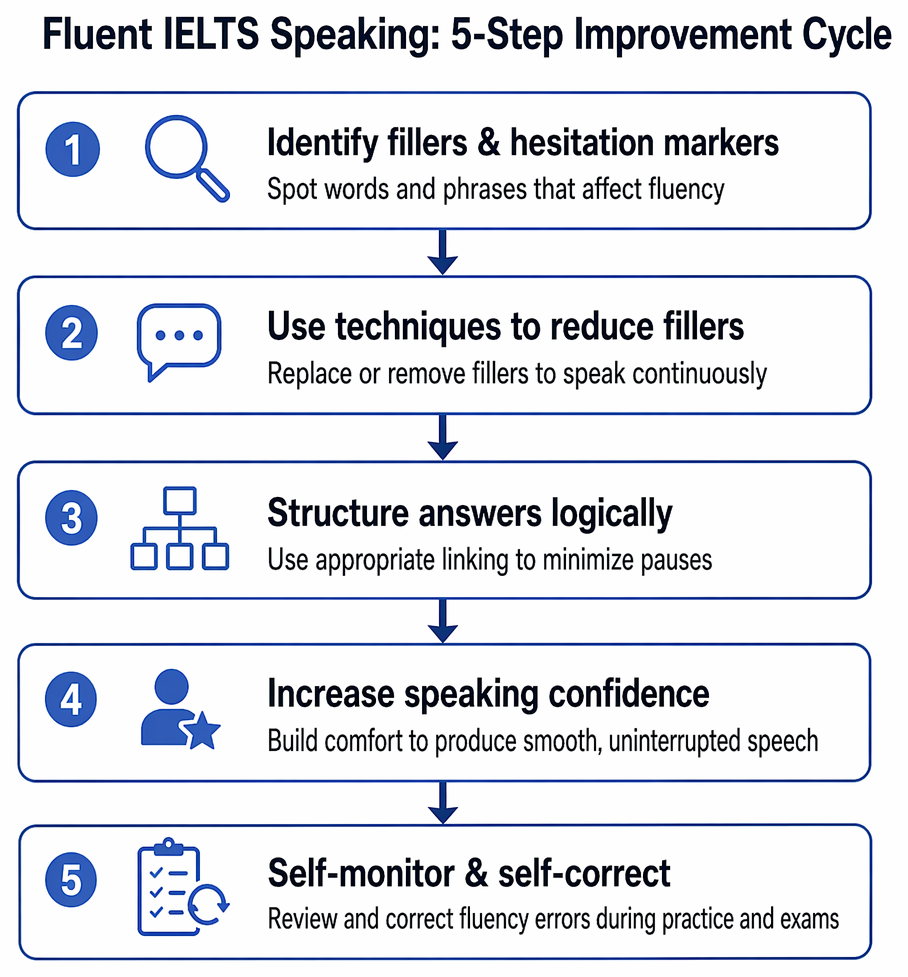 Oral response sequence for reducing fillers: silent pause, brief buffer phrase, main point, paraphrase if needed, example or reason, clear conclusion.