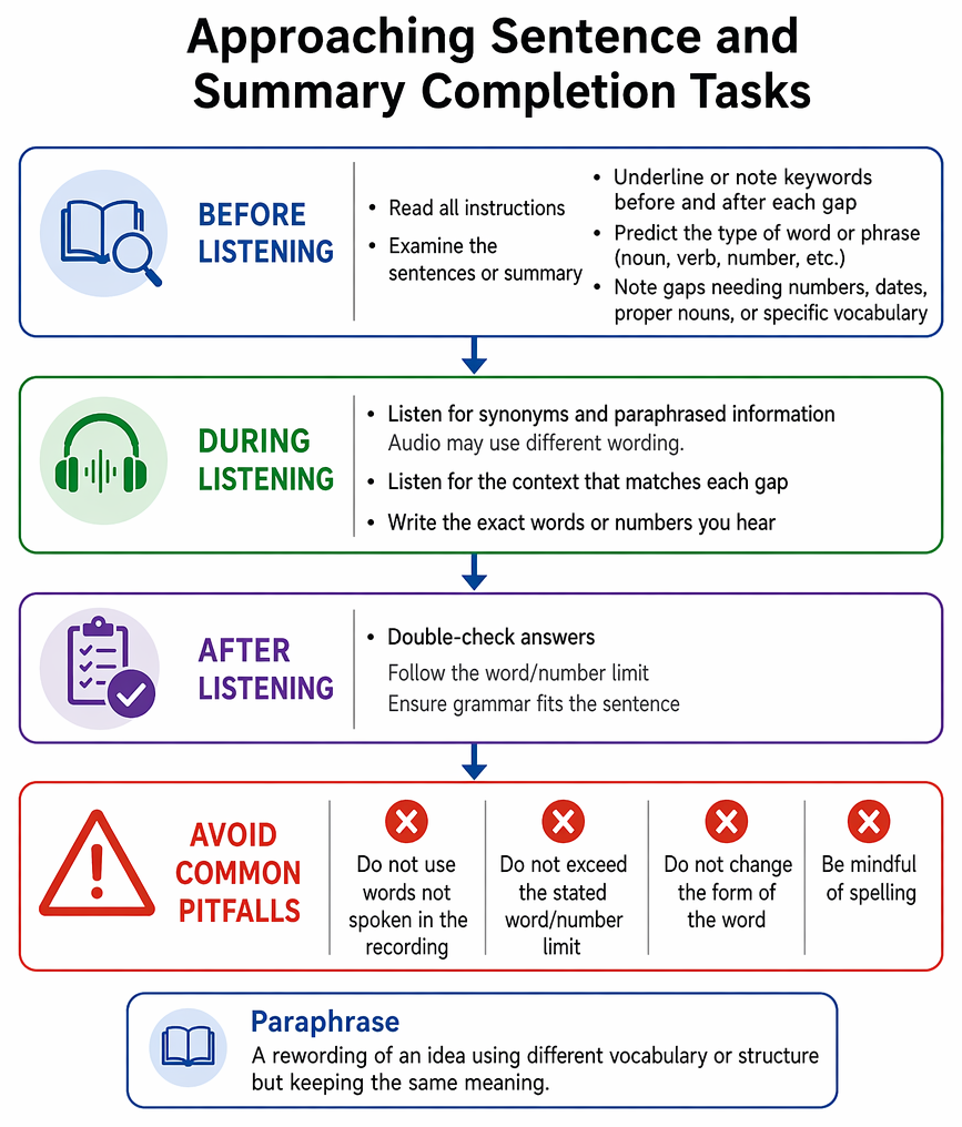 Answer-verification sequence for listening sentence and summary completion: audio match, word and number limit, grammatical fit, word form, spelling, and final acceptability.