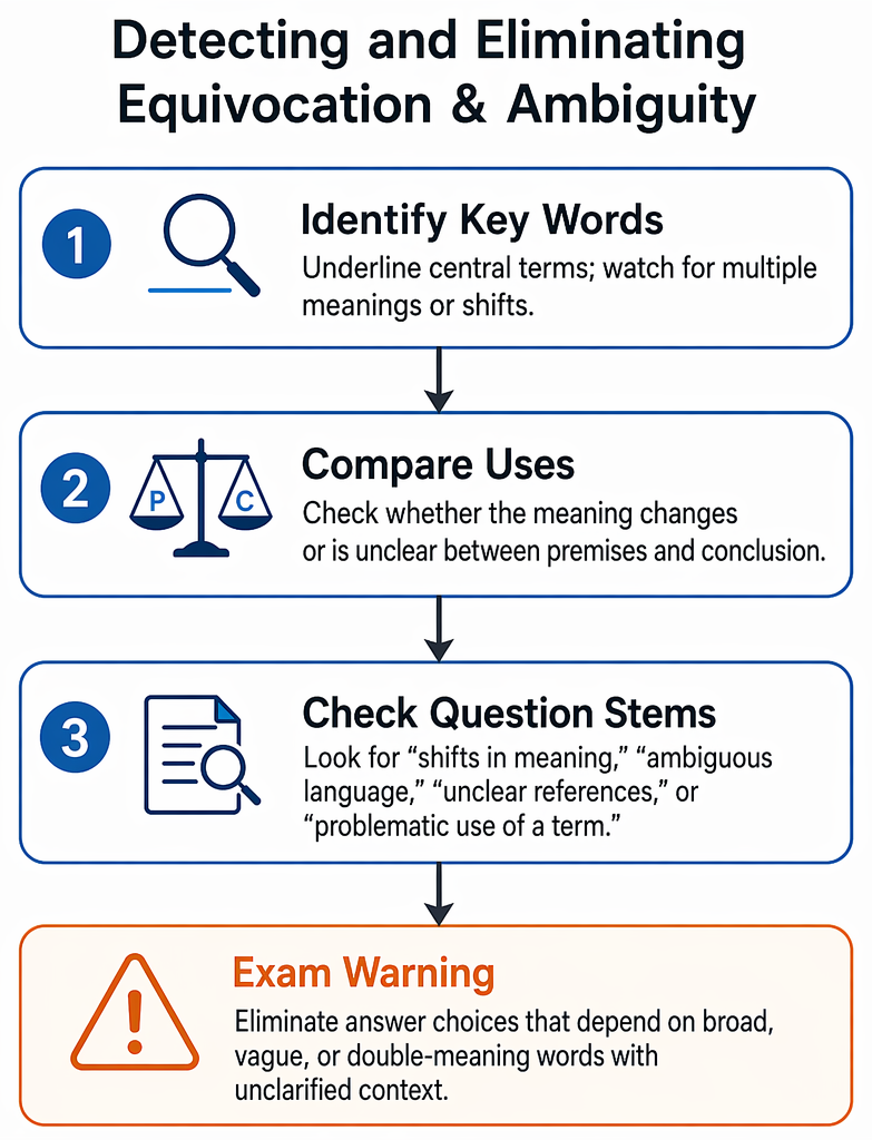 Equivocation and ambiguity detection process from locating the conclusion and fixing term meanings to eliminating vague answer choices.