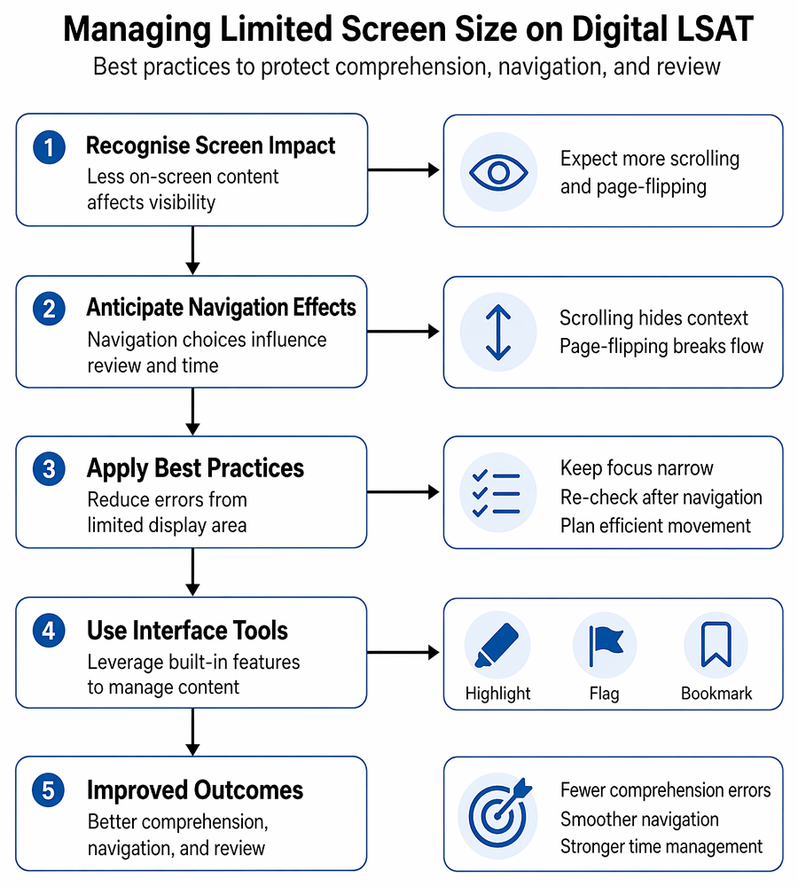Digital question-review workflow for assessing visible field, completing a full scroll when needed, marking key lines, reviewing answer choices, and flagging uncertainty.