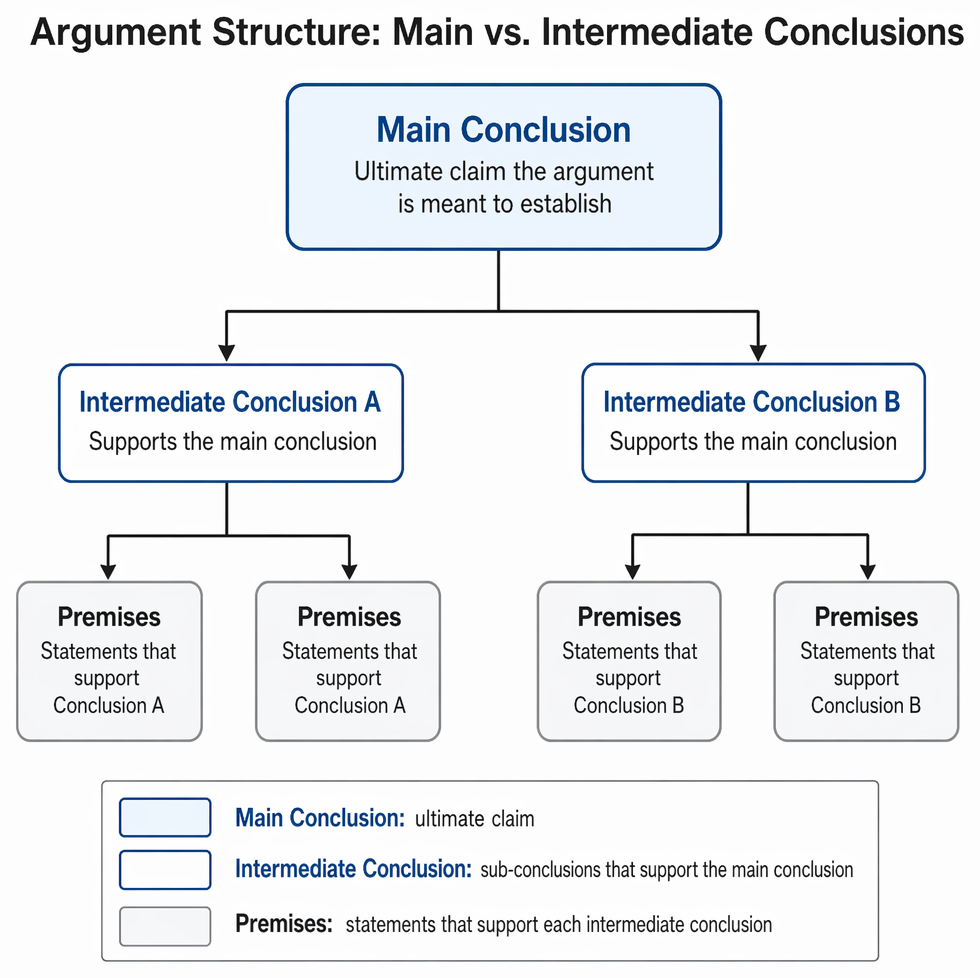 Argument-structure decision process classifying a statement as premise or background, intermediate conclusion, or main conclusion by its support relationships.