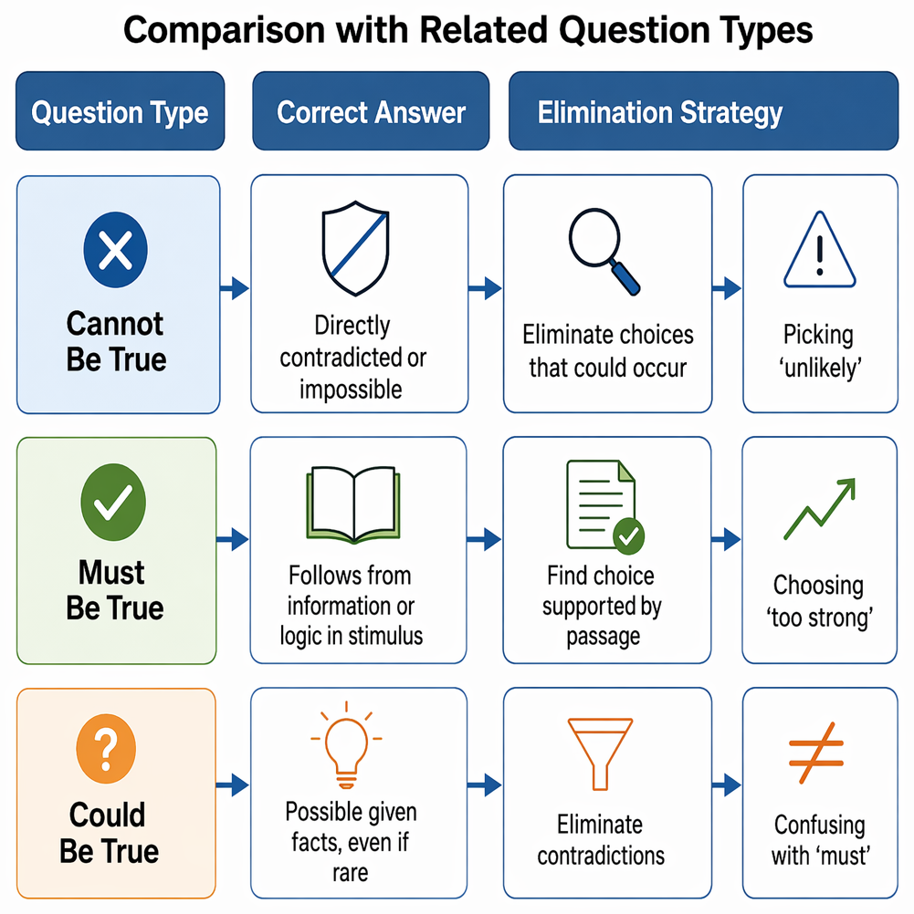 Question-stem language mapping cannot-be-true, could-be-true-except, must-be-true, most-strongly-supported, and could-be-true formulations to their corresponding reasoning tasks.