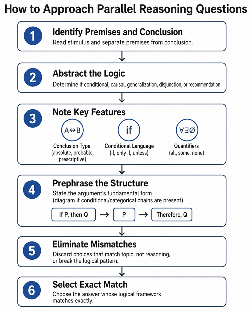 Parallel reasoning and parallel flaw workflow for identifying premises, abstracting argument form, screening options, and selecting the exact structural match.