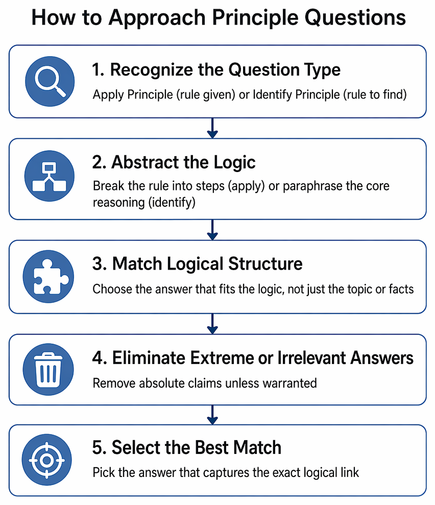 Apply-principle reasoning process: extract rule conditions, prephrase the required pattern, test answers, eliminate superficial matches, and select the conforming case.
