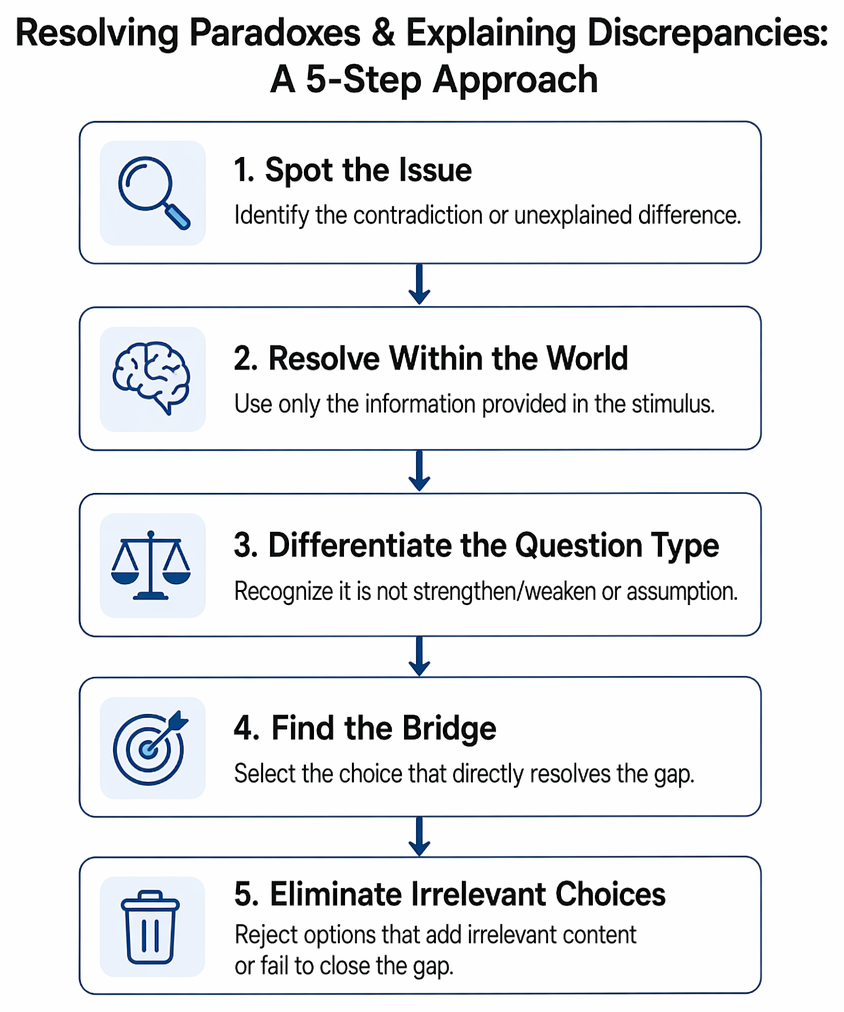 Answer-choice screening for resolving contradictory facts by testing connection to both facts, meaningful distinction, relevance, and explanatory power.